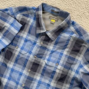 Eddie Bauer Travex Shirt Mens TXL Blue Plaid Classic Fit Seersucker Short Sleeve